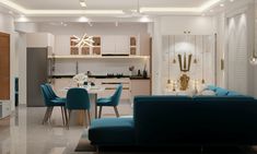 a living room filled with furniture next to a kitchen and dining room table covered in blue chairs
