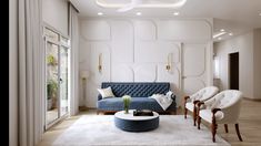 a living room filled with furniture and white walls