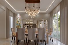 the dining room table is surrounded by white chairs and chandelier with crystal lights