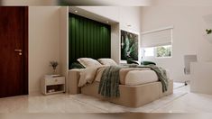 a large bed sitting in the middle of a bedroom next to a window with green shutters