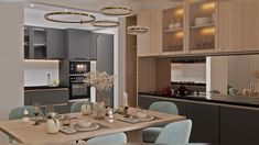 a dining room and kitchen area in a modern style home with wood flooring, grey cabinets, blue chairs, and white walls