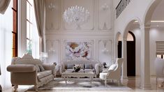an elegant living room with white furniture and chandelier hanging from the ceiling,