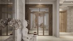 the entrance to a luxurious home is decorated in white and gold tones with ornaments hanging from the ceiling